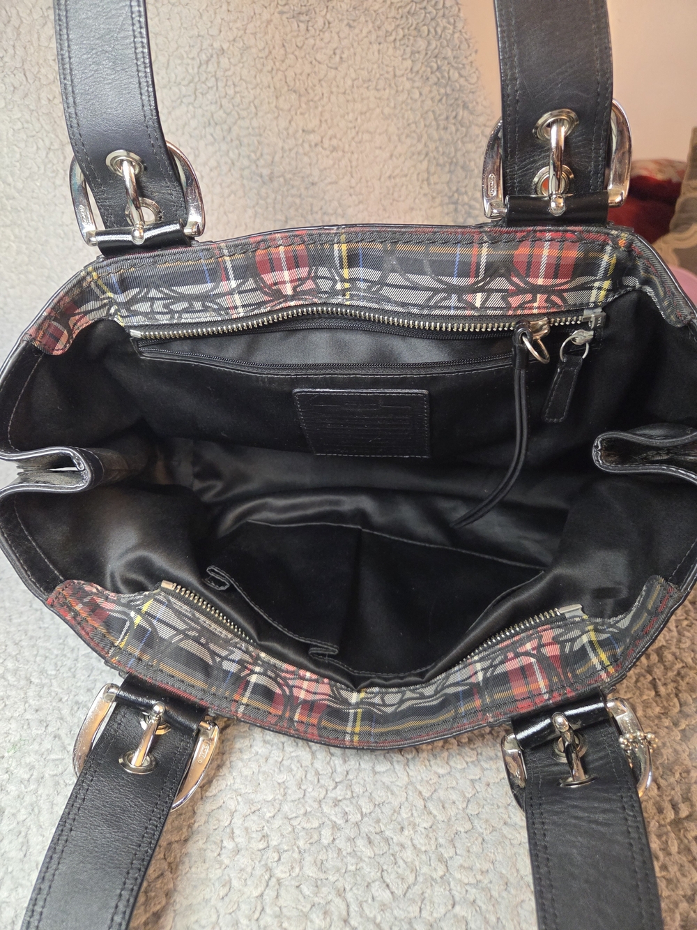 Coach Plaid Shoulder Bag with Black Trim and Red Accent - Picture 11 of 11